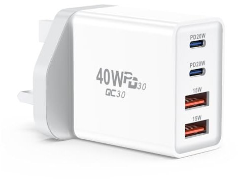 USB C Plug Fast Charge, 40W 4-Port USB C Fast Charger Plug,Dual Port PD Power Adapter + QC Wall Charger,Type C Wall Plug for iPhone 15/14/13/12/11 Pro Max/SE/XS/XR/8/SE, iPad, Samsung Galaxy S24/S23