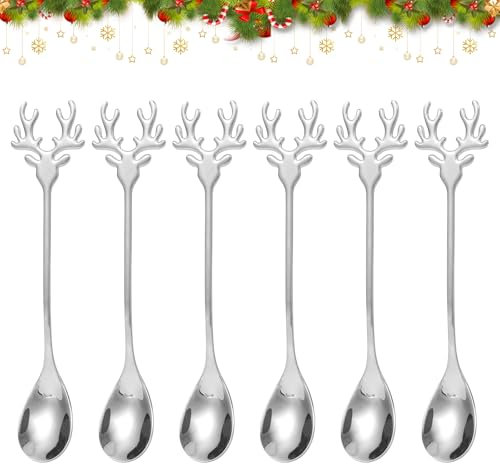 HOWAF Elch Weihnachtslöffel Set，6er Weihnachts Rentier Löffel Weihnachten, Kaffeelöffel Weihnachten Rentier, Teelöffel, Rührlöffel, Dessertlöffel für Weihnachtsbesteck, Weihnachten Geschenke (Silver)
