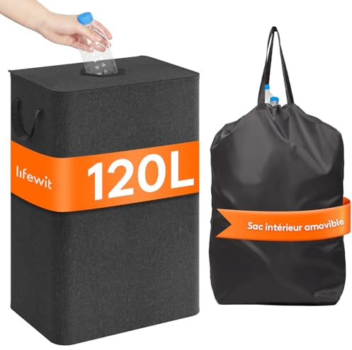 Lifewit 120L Pfandflaschen Sammelbehälter mit Deckel, Dunkelgrau | Faltbarer Pfandsammler mit Flaschentasche, Flaschensammler für Leergut in Küche und Abstellraum