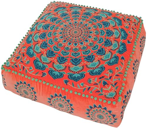 Mandala Life ART Orange Pouf Ottomane Bezug mit Samtstickerei – weicher, bestickter Bodenkissen mit marokkanischem Design, 60cm Durchmesser, ideal für Wohnzimmer, Schlafzimmer oder Meditationsraum