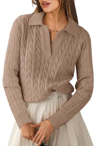 ANRABESS Womens Cable Knit Sweaters Long Sleeve V Neck Sweater Tops Casual Pullover Polo Shirts 2025 Fall Fashion Outfits Khaki L