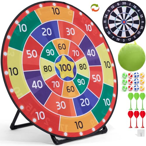 Cheerful Children Toys Jumbo Kids Dart Board XL or XXL, Dart Board Set for Kids - Reversible Design, Sturdy Stand, 12 Sticky Balls & 6 Darts, Indoor/Outdoor Games Ages 3-8 (Traditional, 100cm)