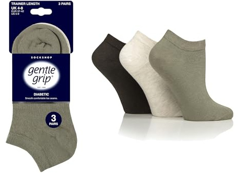 Ladies Diabetic Gentle Grip Trainer Socks by Sock Shop - 3 Pack, Size 4-8 | Soft Honeycomb Top for Non-Binding Comfort