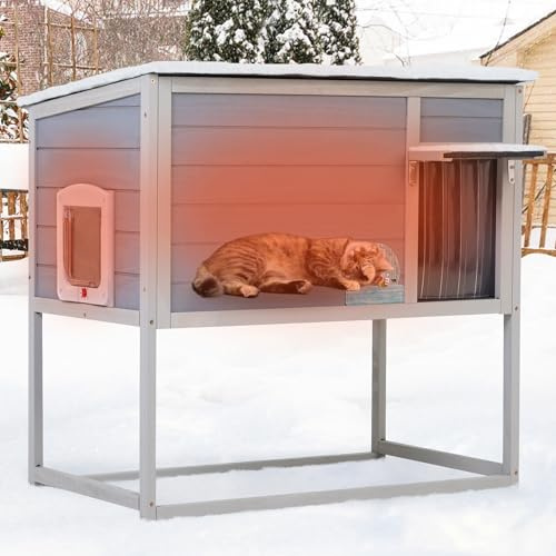 Raised Outdoor Cat House, Weatherproof Cat Shelter for Outside with Insulated All-Round Foam, Feral Cat Enclosure Openable Top, PVC Curtain, Wooden Condos for Small Dogs,Rabbits
