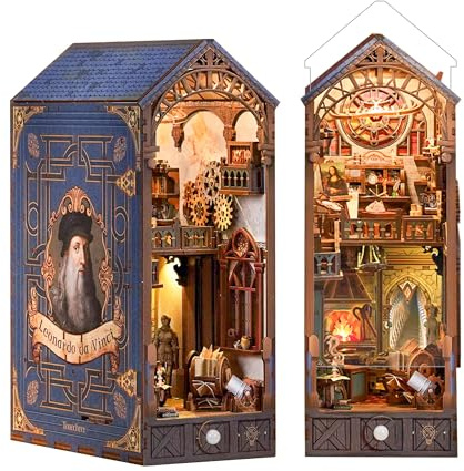 Tonecheer gör-det-själv bokkrokskit för vuxna, 3D-pussel miniatyrhus i trä, Booknook dockhus, bokhylla, inlägg, dekor, bokstöd med dammskydd och LED-lampor, gåvor (Leonardo da Vinci)