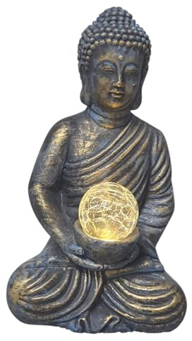 DIVAS SPIRITUAL Statue de Bouddha Solaire Méditant 25cm Résine Décoration Jardin Extérieur Décoration Figurine avec Boule en Verre Craquelé Style Zen
