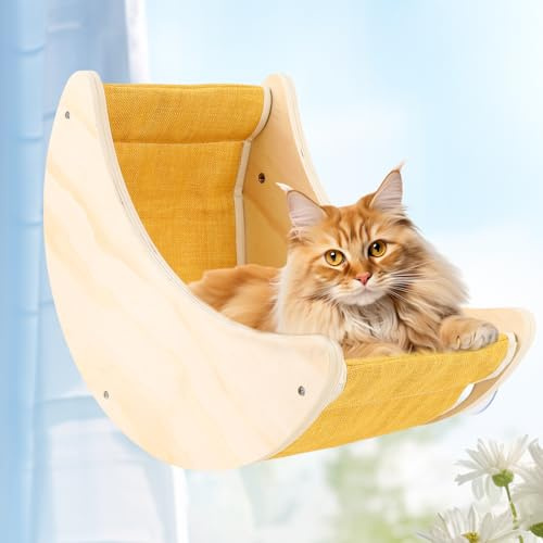 Cats Window Beds Moon Perches Seat for Indoor Cat, Wooden Moon Cat Hammock Shelves Mounted with Cushion & Suction Cups, Cordless Cats Furniture for Sleep and Watch Birds for Windowsill