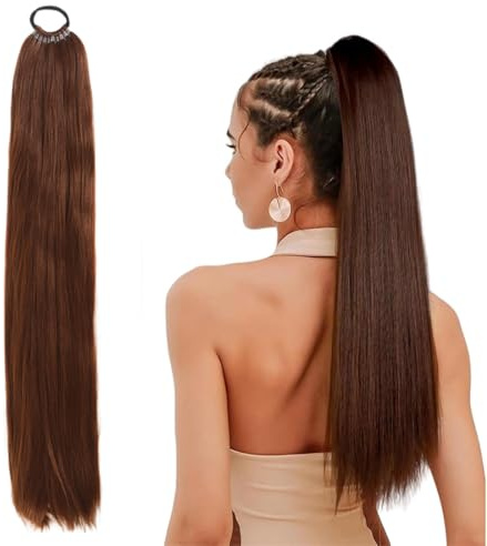 YAYNO 1 extension de cheveux en queue de cheval - Longue et lisse - Pour femme et fille - Utilisation quotidienne - 60 cm (marron)