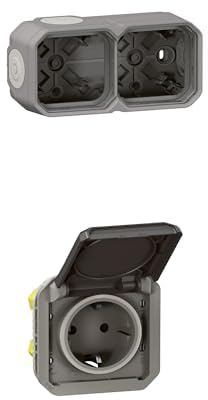 LEGRAND, Plexo New Feuchtraum Aufputzdose 2-fach+ 2x 1-fach Plexo New Einsatz, Schraubklemmen, Feuchtraum-Steckdose in Grau