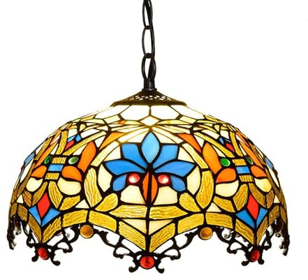 Dualbao Lámpara Colgante barroca ámbar con Vidrio Manchado Beige Azul marrón Cuentas de Cristal Rojo Pantalla de Encaje Calado, lámpara de Techo Colgante Estilo iluminación Colgante para Isla,12‘’