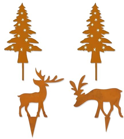 YUVKIN 4er Set Weihnachtsdeko Gartenstecker Rost Metall Wetterfest, Hirsch und Rehe mit 2 Tannen, Baumstecker Gartendeko (Rost)