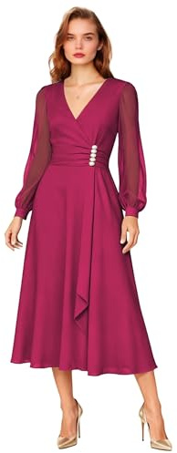 Vestido de gasa de manga larga para mujer con cuello en V, plisado, vestido de noche formal, vestido de invitada de boda, fucsia, 44