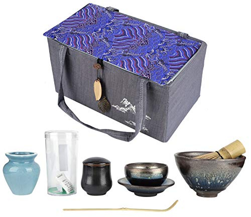 KIMISS Service à thé en Céramique de Style Japonais avec Porte-Fouet – Outils Essentiels pour une Expérience Authentique de Cérémonie du thé, Comprend un Bol à, un Plateau, une Casserole, un Fouet