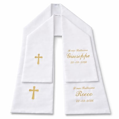 Stola veste battesimo battesimale ricamata cotone personalizzata ricamo iniziali nome simbolo crocetta angelo candela pesce data misure bimbi o adulti