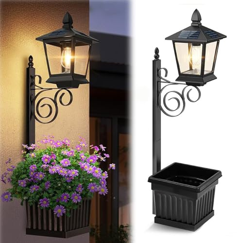 SPEPROECO 2-In-1 Outdoor Flower Pots, Waterproof Solar Lamp Post Light with Planter, Auto On/Off, Wall Mount or Freestanding Decorative Solar Lamp for Garden, Patio, Front Porch, Back Door