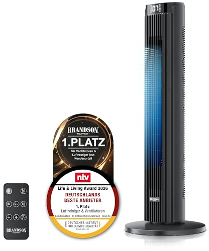 Brandson - Turmventilator ECO Design - DC Motor energiesparend sehr leise – Sieger Ventilatoren und Luftkühler 2026-12 Geschwindigkeitsstufen - Oszillation - 12 Stufen - mit Fernbedienung