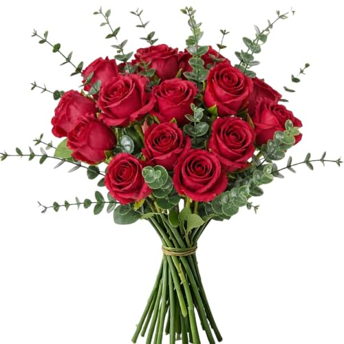 CECOMBINE 14 rose artificiali in seta, 34 cm, rose rosse finte, regalo per la decorazione della casa, centrotavola per matrimoni, bouquet con 12 steli di foglie di eucalipto verde scuro da 38 cm