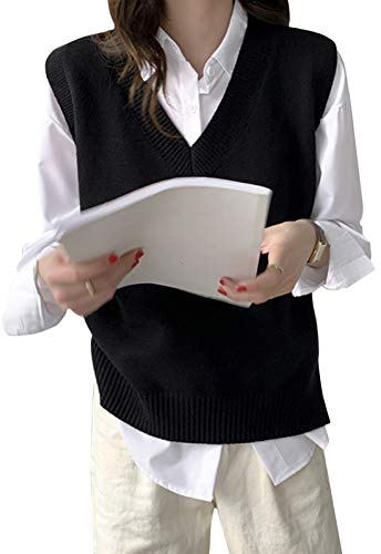 Minetom Pull sans Manche Col V Femme Fille Gilet en Tricot Automne Mince Débardeurs Chandail Business Bureau Tops Hauts B Noir 38