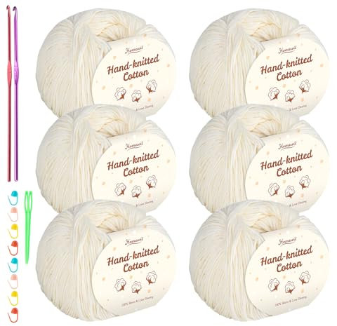 Baumwolle Beige 6er, 100% Baumwollgarn für Baby Superweiche Kindermilch Häkel- & Strickgarn - (50 g/Ball) mit 2 Metallhäkelhaken (2,5-3,5 mm) Baby Fluffy Ball zum Handstrickgarn