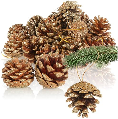 COM-FOUR® 30x Anhänger Tannenzapfen in goldfarben - Pinienzapfen als Weihnachtsdekoration - Zapfen Deko zum Anhängen - Bastel Set - Weihnachtsschmuck (30 Zapfen - goldfarben)