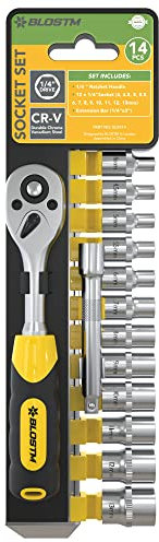 BLOSTM 14-Piece Metric Socket Set - 1/4'' Drive Socket Set (4-13mm), Quick Release Ratchet Wrench with 1/4 x 3” Extension Bar, Made of Durable Chrome Vanadium Steel - 14 PCS