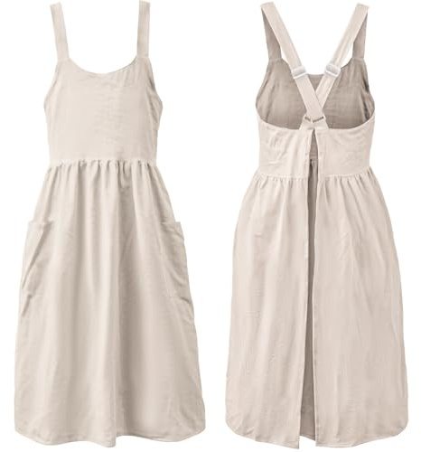 Uaussi Cotton Linen Apron Cross Back Work Apron for Women with Pockets Pinafore Dress X Cross Halter Apron for Baking Gardening