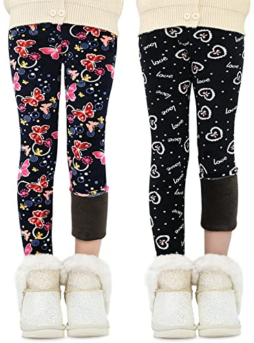 Adorel Mädchen Winter Leggings Gefüttert Warm Bunt Dicke Thermohosen 2er-Pack Schwarz Schleife & Dunkelblau Schmetterling 122-128 (Herstellergröße 130)