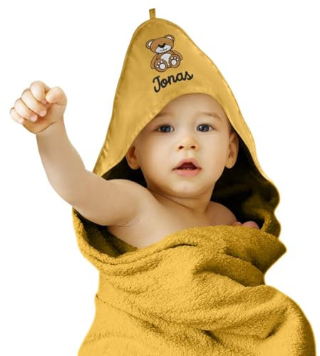 cozy racoon Baby Kapuzenhandtuch Senf Bestickt mit Namen oder Wunschtext | Personalisiertes Handtuch mit Kapuze für Babys I Kuscheliges Babyhandtuch (75 x 75cm)