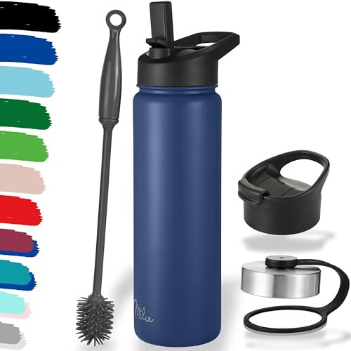 Milu Edelstahl Trinkflasche 500ml, 750ml, 1000ml (+3 Deckel) - Thermosflasche mit Strohhalm, Isolierte Wasserflasche, Auslaufsichere Isolierflasche doppelwandig, Kohlensäure geeignet (Navyblau, 750ml)