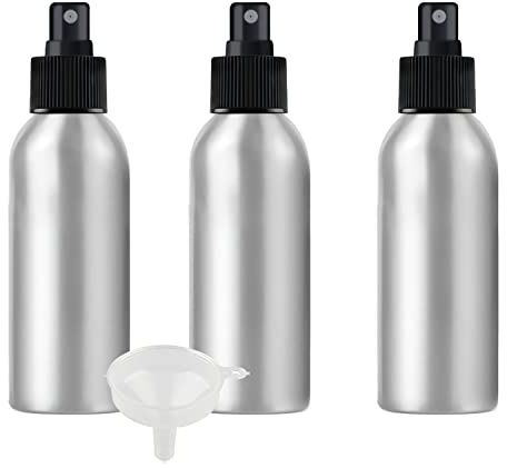 PQPAUTY 3 Piezas Pequeño 150ml botella de spray pulverizador Botella de Aluminio Plata con Bomba en Negro Niebla Fina Atomizador para Perfume Viaje Artículos de Agua Cosmético, con Embudo