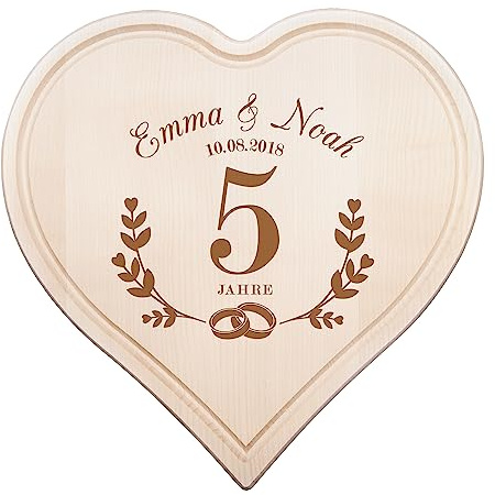 Herz Schneidebrett mit Gravur zur hölzernen Hochzeit, Personalisiertes Geschenk zum 5 Hochzeitstag, Frühstücksbrett zur Holzhochzeit, Hölzerne Hochzeit Geschenk, Holzbrett, Hochzeitstag Geschenk