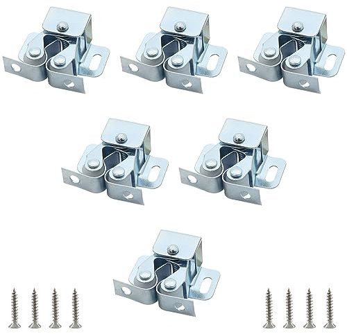 Cjueiom 6 Pack Double Roller Catch Cabinet Latches, Silver Zinc Plated Cabinet Wardrobe Latch with Spear Strike, Cold Rolled Steel Cupboard Door Catch Latch for Home Furniture Closet Door