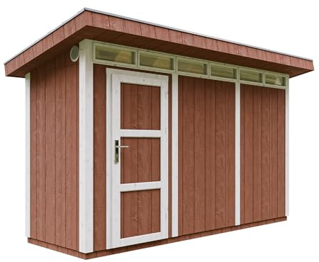 Gartenhaus Premium Qualität 4,3m² - L161xW411cm- All-Inclusive-Set mit Boden, Bitumen-Dachziegeln, Farbset- Hochwertiger Geräteschuppen aus Holzwerkstoffplatten LP Smartside - M902 Redwood RED