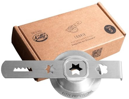 Kitty Professional Biscuit Press Attachment Size 5 with mounting Ring Compatible with Kitchen Aid Meat Mincer - hygienic Stainless Steel Cookie Press 4 Patterns