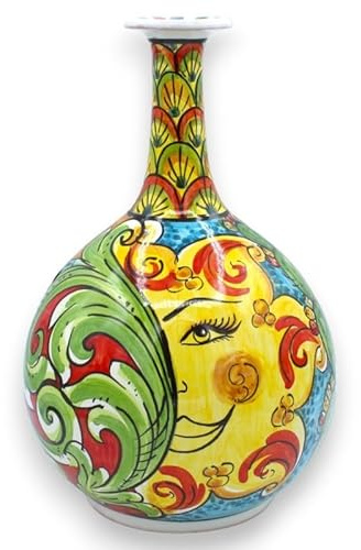 SICILIA BEDDA CAPACI Vaso Ampolla in Ceramica Caltagirone - h 30 cm ca. Decoro Barocco, Coda di Pavone, Sole e ficodindia