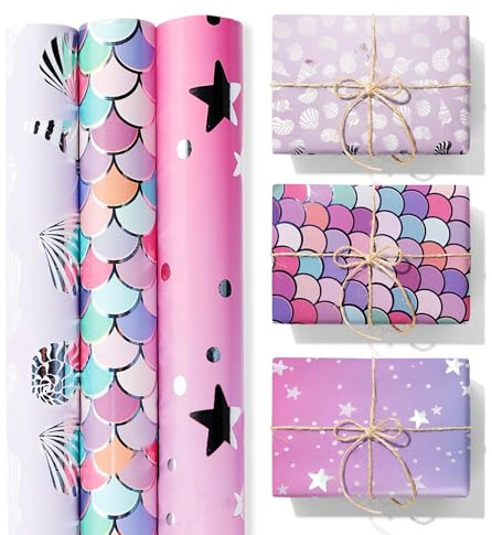 ZYOOO 3 Rolle(43cm x 3m pro Rolle) Meerjungfrau Geschenkpapier Geburtstag Geschenkverpackung Papier für Kinder,Jugend,Mädchen