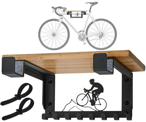 Bike Rack Wall Mount with Shelf and 8 Hooks Offer Horizontal Indoor Bike Storage for Sheds Garages. Wooden Bike Rack Bracket for Road, Mountain, Travel Bicycles, Maximizing Space