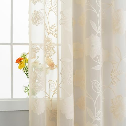 Treatmentex Spitze Vorhang Jacquard Gardinen mit Ösen Schwarze 3D Blumenmuster Halbtransparente Vorhänge Vintage Romantisch Dekoschal Ösenvorhänge für Wohnzimmer, Beige, 2 Stücke, 140×145CM(B×H)