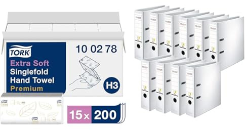 Tork extra weiche Zickzack Papierhandtücher Premium 100278 & Original Falken 10er Pack PP-Color Kunststoff-Ordner. Made in Germany. 8 cm breit DIN A4 weiß Vegan Ringordner Aktenordner Briefordner
