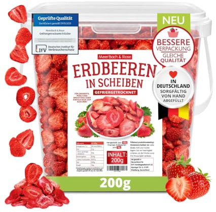 Gefriergetrocknete ERDBEEREN 200g knusprige Erdbeerchips in SCHEIBEN | 100% Frucht ohne Zuckerzusatz – zum Naschen, für Müsli, Smoothie & Backen. MEERBACH & ROSE – Qualität aus Deutschland.