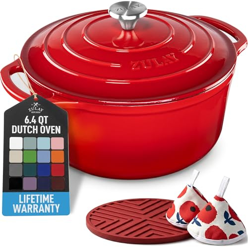 Zulay Kitchen 6.4QT Enameled Cast Iron Dutch Oven Pot with Lid, Heavy-Duty Soup Pot for Stews, Braising, Roasting & Sourdough Bread Baking, Oven Safe up to 500°F - Ablaze Red