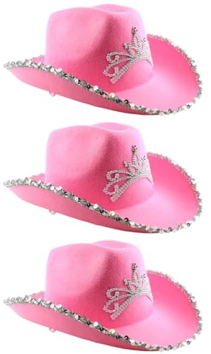 Rosa cowgirlhatt för damer med silvertiarakrona – glittrigt maskeradtillbehör för möhippor och evenemang med västerländska teman – glamorös rosa cowboyhatt för kvinnor
