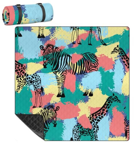 Mularoka Picknickdecke, Zebra-Giraffe, wasserdicht, sanddicht, faltbar, Stranddecke, 200,7 x 200,7 cm, extra groß, tragbar, waschbar, Outdoor-Matte für Camping, Park, Gras, Wandern, Reisen