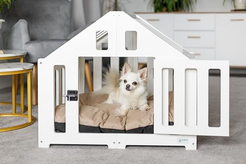 Pet World Design Hundehütte aus Holz, Hundekäfig Verschließbar, Tierhaus, Hundelaufstall, Hundehaus, Haustierbox, Hund, Katze, Indoor, Weiß
