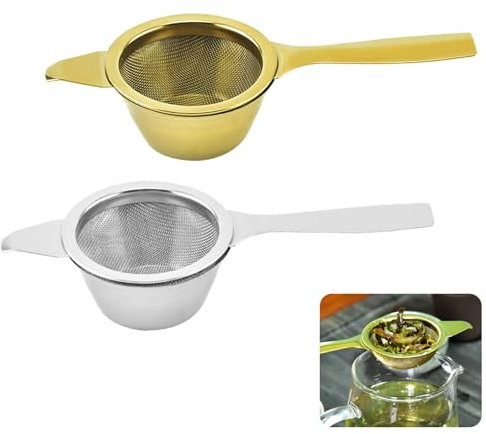 Bekecidi 2 Sets Tea Filter, Tea Accessories Stainless Steel Tea Strainer with Drip Bowl, Long Handle Tea Residue Filter Tea Leaf Mesh Sieve, Gold and Silver