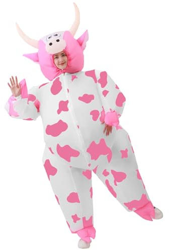JASHKE Costume Gonfiabile Mucca Rosa Costume Gonfiabile Adulti Costume Mucca per Halloween Natale Festa Carnevale (Rosa)