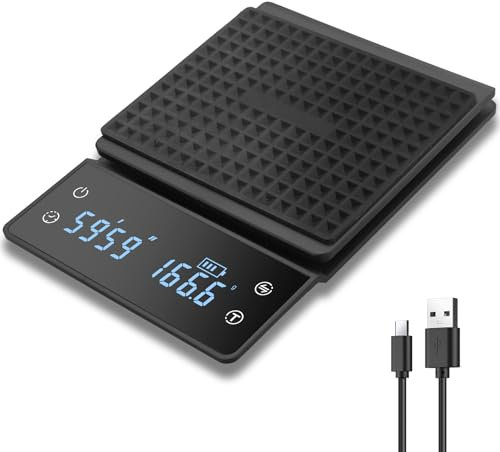 JiGiU Digitale Kaffeewaagee mit Timer USB Wiederaufladbar 3kg/0,1g Hochpräzise Espresso Waage Mini Küchenwaage Multifunktional Lebensmittelwaage Präzisionswaage mit LED-Anzeige (Schwarz)