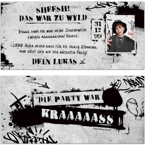 Personalisierte Jugendweihe Foto Danksagungen Danksagungskarten - dickes Papier 300g/qm, ab 10 bis 100 Stück selbst gestalten - Graffiti Jugendsprache