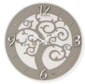 Generico Orologio da parete d.50 cm moderno in legno bianco con decoro taglio laser albero della vita tortora AB008