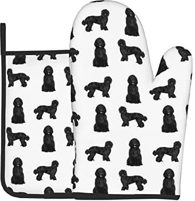 Schwarzer Labradoodle-Hund, Hunderassen, Doodle-Hund, weiße Küchenofenhandschuhe und Grillhandschuhe, Topflappen, Ofenhandschuhe und Topflappen mit Kochhandschuhen zum Backen, Grillen, Kochen